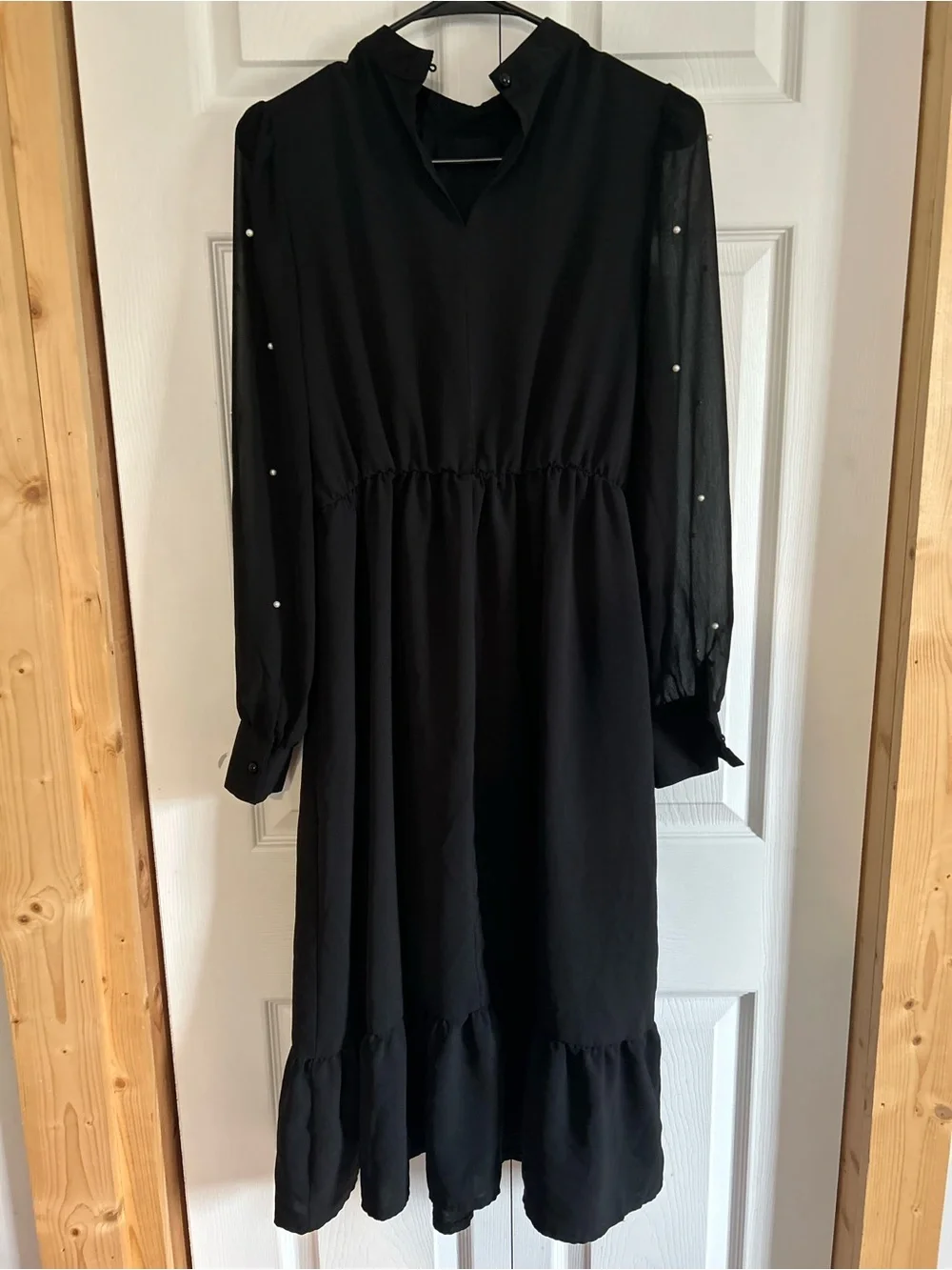 SHEIN Black Long Sleeve Midi Dress with Pearl Sleeve Accents